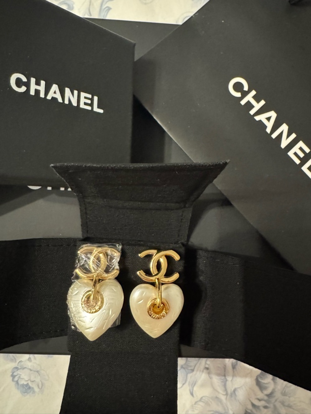 CHANEL Gold-Tone Double C Heart Drop Earrings with Pearl Hearts - Picture 2 of 9